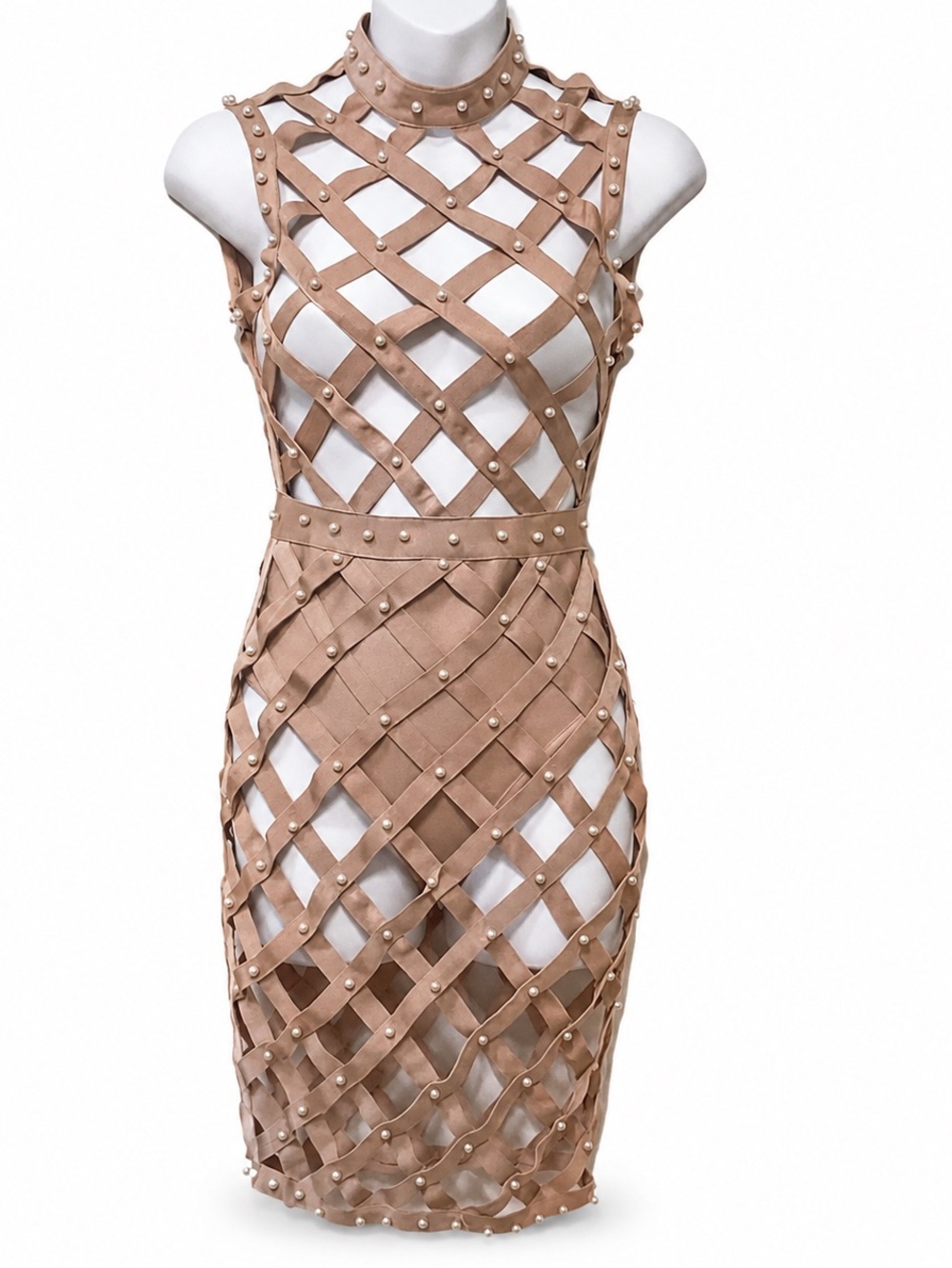 Fashion Nova Nude Pearl Lattice Cutout Bodycon Dress
